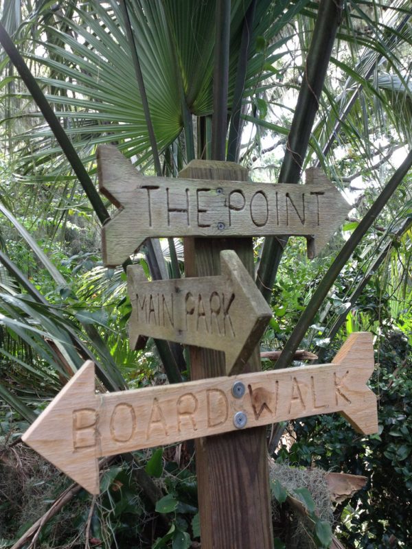 Sign at the park providing arrows towards the point, main park and the boardwalk