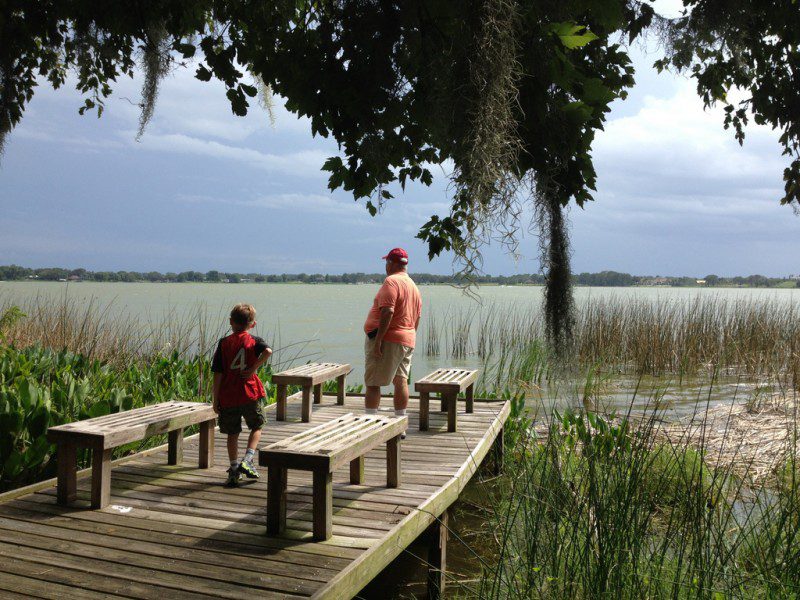 man in orange and boy in red on a small dock overlooking the water