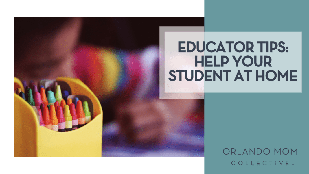 Educator Tips Help Your Student at Home Aaron Burden via Unsplash box of crayon with a blurry child behind it with words 'Educator Tips: Help Your Student at Home' on the right