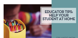 Educator Tips: Help Your Student at Home Aaron Burden via Unsplash box of crayon with a blurry child behind it with words 'Educator Tips: Help Your Student at Home' on the right