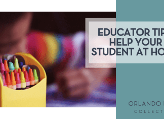 Educator Tips: Help Your Student at Home Aaron Burden via Unsplash box of crayon with a blurry child behind it with words 'Educator Tips: Help Your Student at Home' on the right