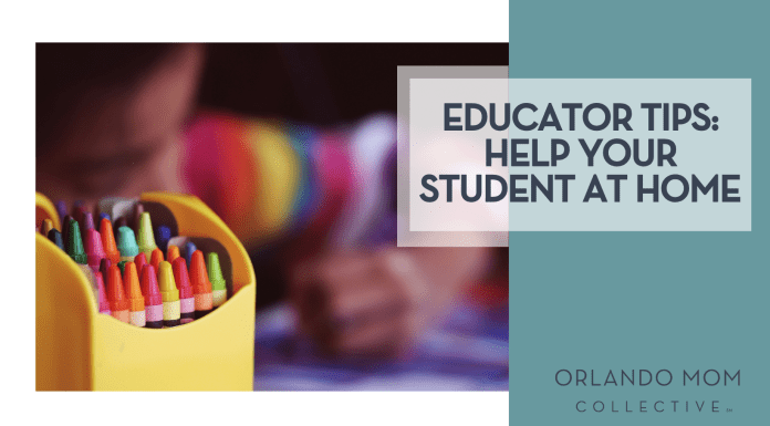 Educator Tips: Help Your Student at Home Aaron Burden via Unsplash box of crayon with a blurry child behind it with words 'Educator Tips: Help Your Student at Home' on the right