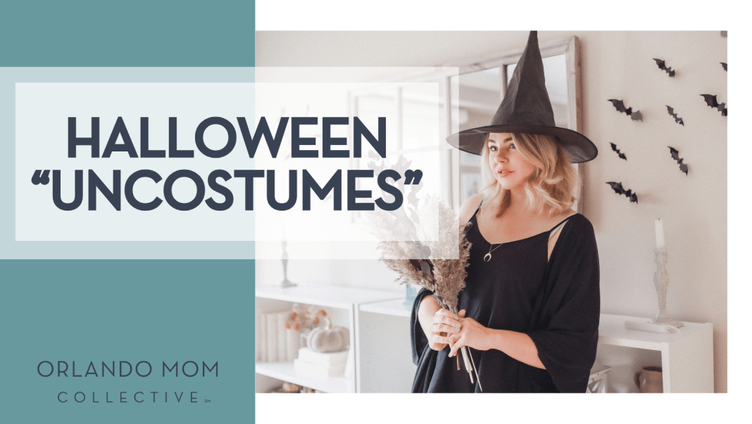 Halloween “Uncostumes” Paige Cody via Unsplash woman dressed as a witch with bats flying on wall behind her with 'Halloween “Uncostumes”' on the left