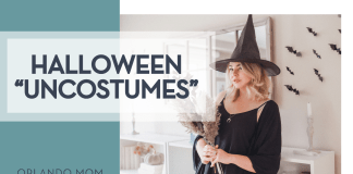 Halloween “Uncostumes” Paige Cody via Unsplash woman dressed as a witch with bats flying on wall behind her with 'Halloween “Uncostumes”' on the left