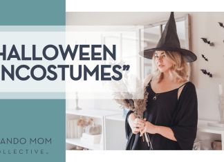 Halloween “Uncostumes” Paige Cody via Unsplash woman dressed as a witch with bats flying on wall behind her with 'Halloween “Uncostumes”' on the left