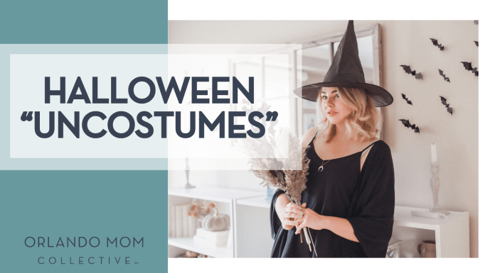 Halloween “Uncostumes” Paige Cody via Unsplash woman dressed as a witch with bats flying on wall behind her with 'Halloween “Uncostumes”' on the left