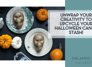 Billy Mangino via Unsplash skulls on plates with pumpkins and ghosts near on a black background with 'Unwrap Your Creativity to Upcycle Your Halloween Candy Stash!' on right