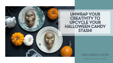 Billy Mangino via Unsplash skulls on plates with pumpkins and ghosts near on a black background with 'Unwrap Your Creativity to Upcycle Your Halloween Candy Stash!' on right