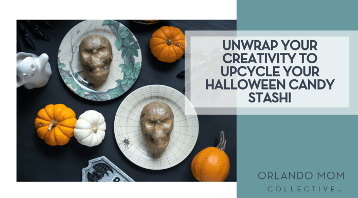 Unwrap Your Creativity to Upcycle Your Halloween Candy Stash! Billy Mangino via Unsplash skulls on plates with pumpkins and ghosts near on a black background with 'Unwrap Your Creativity to Upcycle Your Halloween Candy Stash!' on right