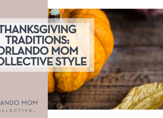 Cala via Unsplash little pumpkin and fall leaf on brown table with 'Thanksgiving Traditions: Orlando Mom Collective Style' on the left