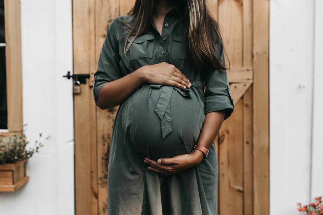 camylla-battani via unsplash pregnant woman in front of a wooden door holding her belly