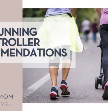 two women walkinf or running away from camera, little kid in running stroller looking back and smiling. text on graphic says "running stroller recommendations.... Orlando mom collective"