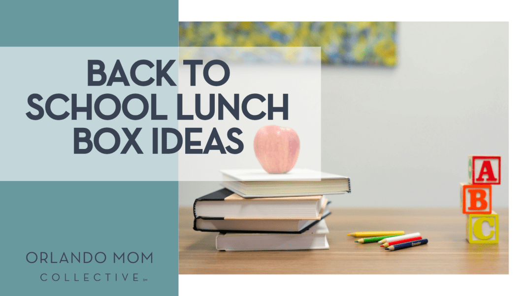 Element5 Digital via Unsplash apple on top of a stack of books with colored pencils on a desk beside it and ABC blocks in a stack with 'Back to School Lunch Box Ideas' on the left side