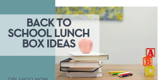 Element5 Digital via Unsplash apple on top of a stack of books with colored pencils on a desk beside it and ABC blocks in a stack with 'Back to School Lunch Box Ideas' on the left side