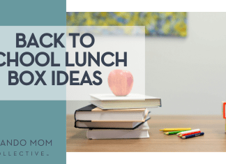 Back to School Lunch Box Ideas Element5 Digital via Unsplash apple on top of a stack of books with colored pencils on a desk beside it and ABC blocks in a stack with 'Back to School Lunch Box Ideas' on the left side