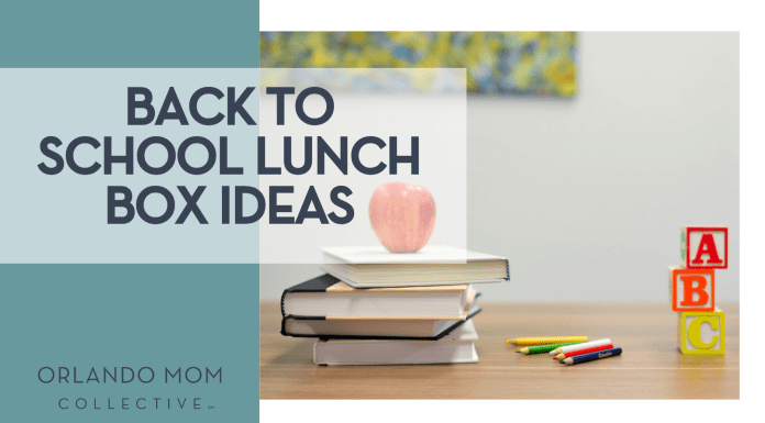 Element5 Digital via Unsplash apple on top of a stack of books with colored pencils on a desk beside it and ABC blocks in a stack with 'Back to School Lunch Box Ideas' on the left side