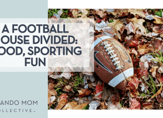 Alyssa Coulter via Unsplash football laying in fall leaves with 'a football house divided: good, sporting fun' on the left