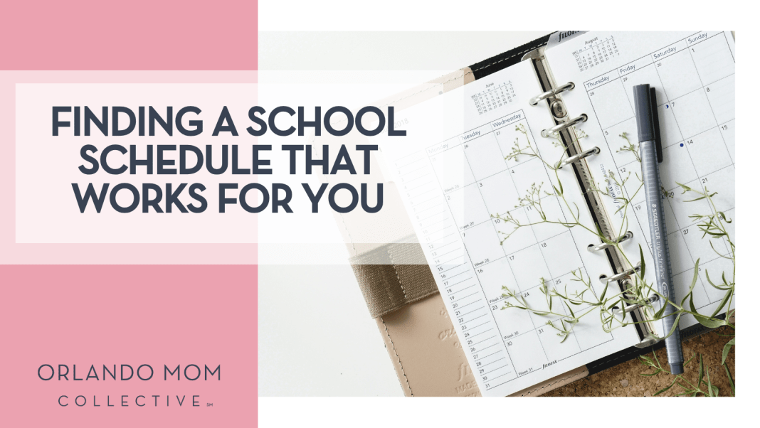 Renata Adrienn via Unsplash open planner with a pen and greenery with 'Finding a School Schedule that Works for You' on the left