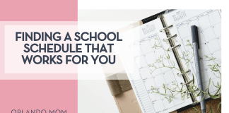 Renata Adrienn via Unsplash open planner with a pen and greenery with 'Finding a School Schedule that Works for You' on the left