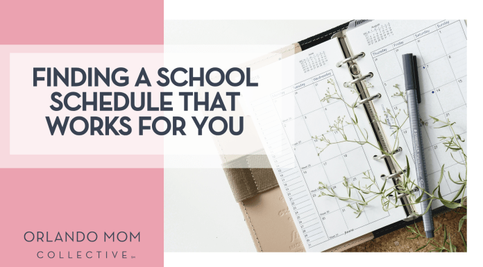 Finding a School Schedule that Works for You Renata Adrienn via Unsplash open planner with a pen and greenery with 'Finding a School Schedule that Works for You' on the left
