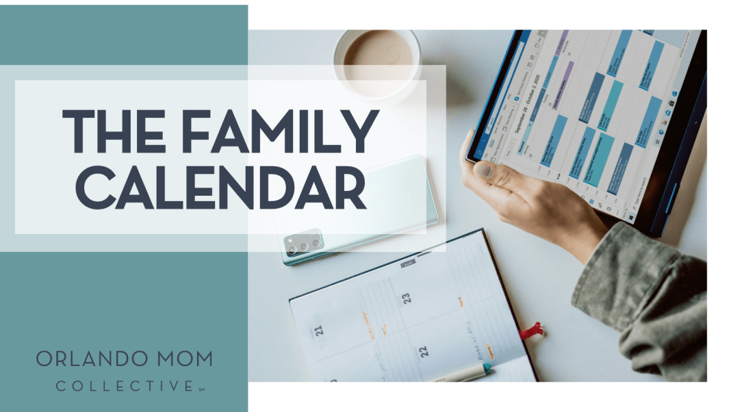 Windows via Unsplash hands holding a calendar with a cup of coffee nearby with 'the family calendar' on the left