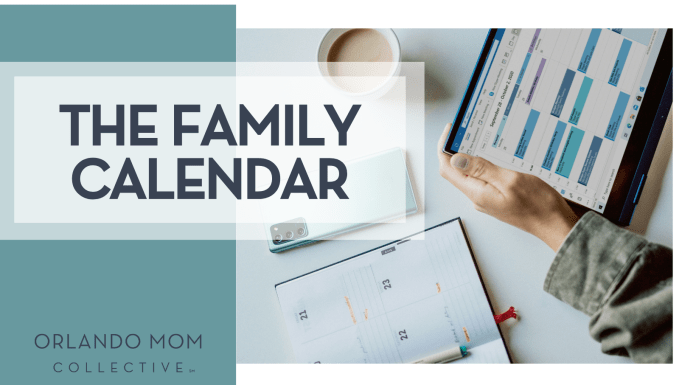 The Family Calendar Windows via Unsplash hands holding a calendar with a cup of coffee nearby with 'the family calendar' on the left