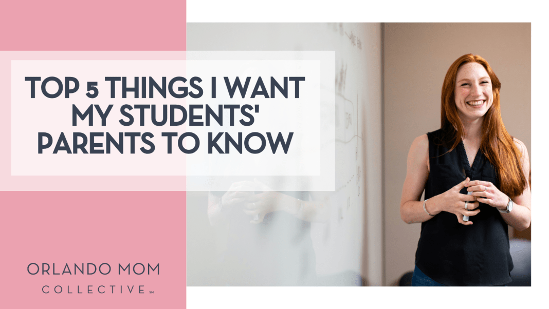 thisisenginerring via Unsplash woman with red hair in black dress at a classroom white board with words 'Top 5 Things I Want my Students' Parents to Know' on the left