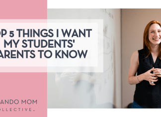 thisisenginerring via Unsplash woman with red hair in black dress at a classroom white board with words 'Top 5 Things I Want my Students' Parents to Know' on the left
