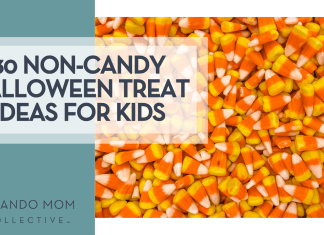 30 Non-Candy Halloween Treat Ideas for Kids Alexandra N via Unsplash candy corn with '30 non-candy halloween treat ideas for kids' on the left