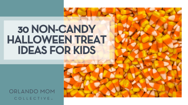 Alexandra N via Unsplash candy corn with '30 non-candy halloween treat ideas for kids' on the left