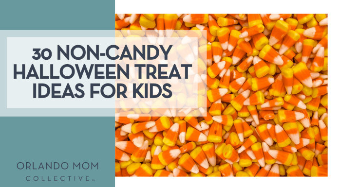 Alexandra N via Unsplash candy corn with '30 non-candy halloween treat ideas for kids' on the left