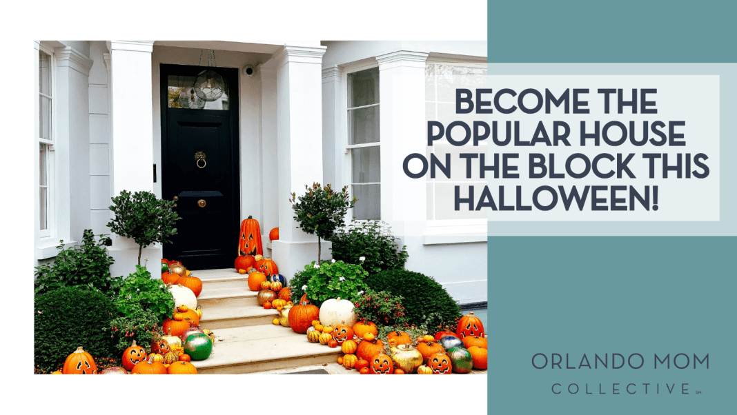Become the popular house on the block this Halloween! Andrei Ianovskii via Unsplash black front door with green bushes and pumpkins lining the stairs with words 'Become the popular house on the block this Halloween!' on the right