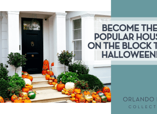 Andrei Ianovskii via Unsplash black front door with green bushes and pumpkins lining the stairs with words 'Become the popular house on the block this Halloween!' on the right