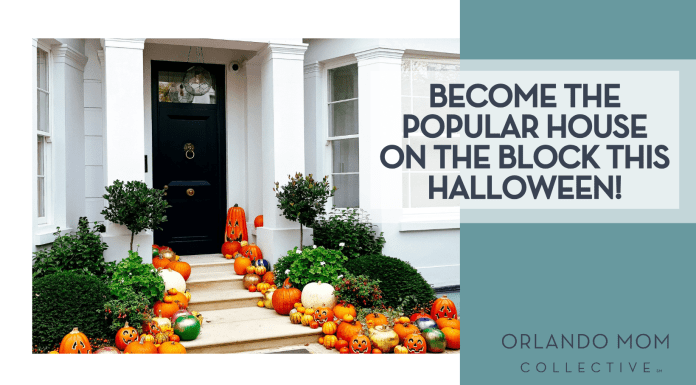 Andrei Ianovskii via Unsplash black front door with green bushes and pumpkins lining the stairs with words 'Become the popular house on the block this Halloween!' on the right