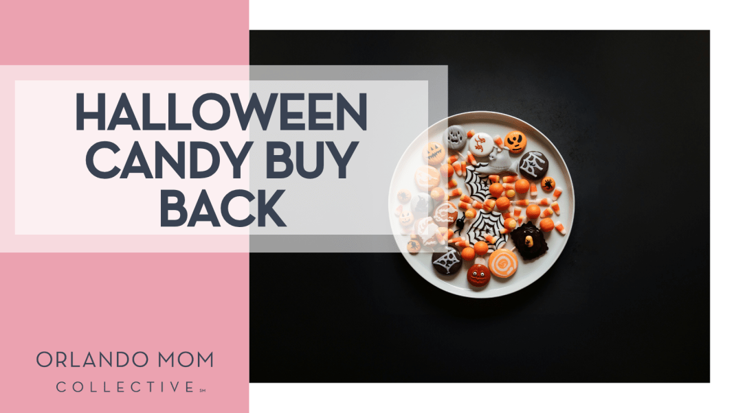 Halloween Candy Buy Back Tolgahan Akbulut via Unsplash Halloween themed candies on white plate on black background with 'Halloween Candy Buy Back' on the left