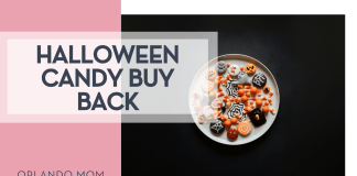 Tolgahan Akbulut via Unsplash Halloween themed candies on white plate on black background with 'Halloween Candy Buy Back' on the left