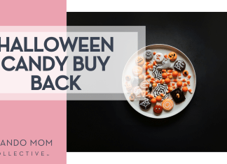 Tolgahan Akbulut via Unsplash Halloween themed candies on white plate on black background with 'Halloween Candy Buy Back' on the left