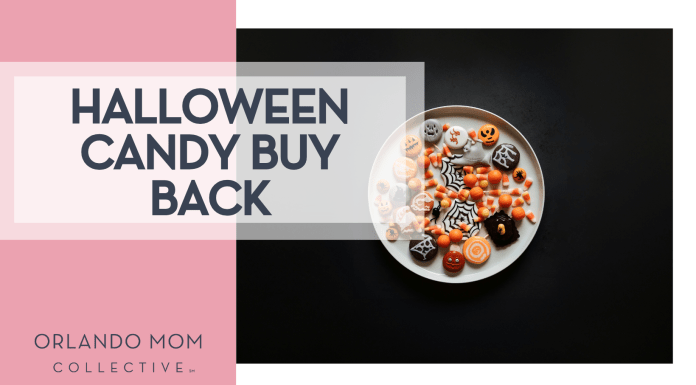 Tolgahan Akbulut via Unsplash Halloween themed candies on white plate on black background with 'Halloween Candy Buy Back' on the left