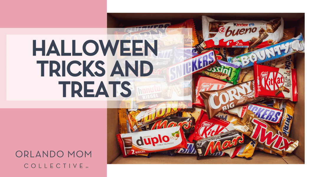 Halloween Tricks And Treats Denny Muller via Unsplash assorted candy bars in cardboard box with words 'Halloween Tricks And Treats' on the left