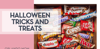 Denny Muller via Unsplash assorted candy bars in cardboard box with words 'Halloween Tricks And Treats' on the left