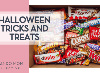 Denny Muller via Unsplash assorted candy bars in cardboard box with words 'Halloween Tricks And Treats' on the left