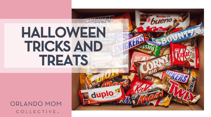 Halloween Tricks And Treats Denny Muller via Unsplash assorted candy bars in cardboard box with words 'Halloween Tricks And Treats' on the left