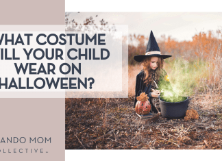 Paige Cody via Unsplash girl in which costume sitting in field with a cauldron with green smoke coming out of the top with 'What Costume Will Your Child Wear On Halloween?' on the left