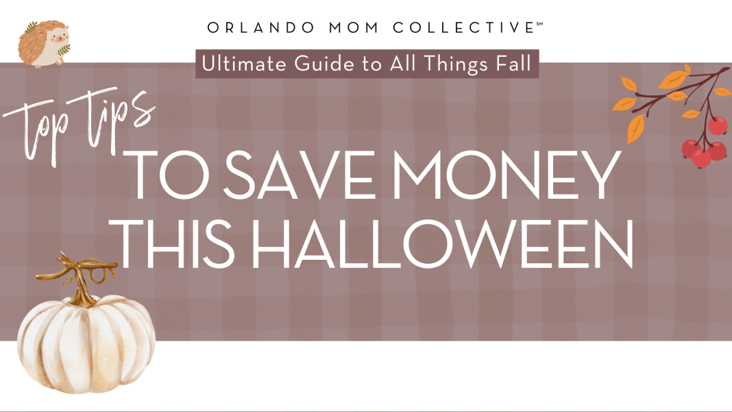 save money this halloween tan and brown gingham background with cream pumpkin, hedgehog and branch with orange and red leaves on it with 'top tips to save money this halloween' in the middle