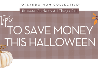 tan and brown gingham background with cream pumpkin, hedgehog and branch with orange and red leaves on it with 'top tips to save money this halloween' in the middle