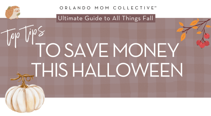 tan and brown gingham background with cream pumpkin, hedgehog and branch with orange and red leaves on it with 'top tips to save money this halloween' in the middle