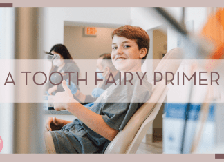 Nate Johnston via unsplash photo of boy in dentist chair thumb up and smiling with 'a tooth fairy primer' in text over top of image