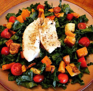 Massaged kale salad with roasted butternut squash, grape tomatoes and tilapia