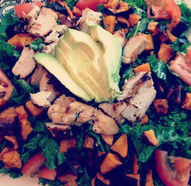 Massaged kale salad with roasted butternut squash, grilled chicken, avocado and tomato 