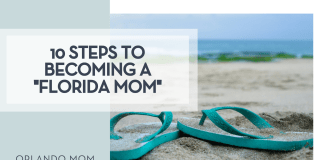 10 Steps to Becoming a “Florida Mom” ridwan muhamad iqbal unsplash - teal flip flops on sand with water behind with words '10 steps to becoming a Florida mom' over top